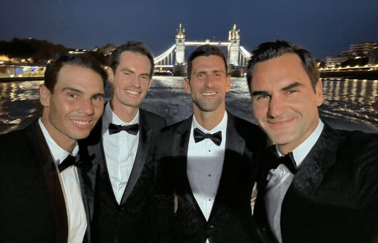 A photograph of tennis legends in London